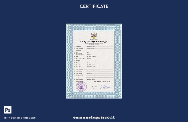 Modello PSD del certificato di morte del documento di stato civile della Namibia